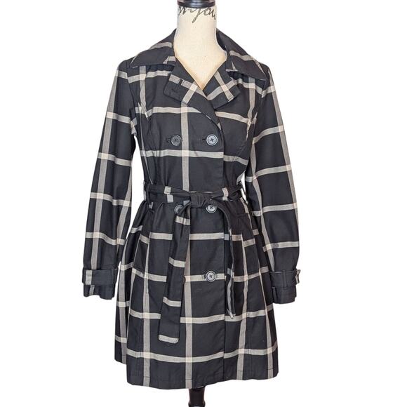 Y2K Merona Windowpane Plaid Rain Coat Black and Tan Size Medium - Picture 1 of 16